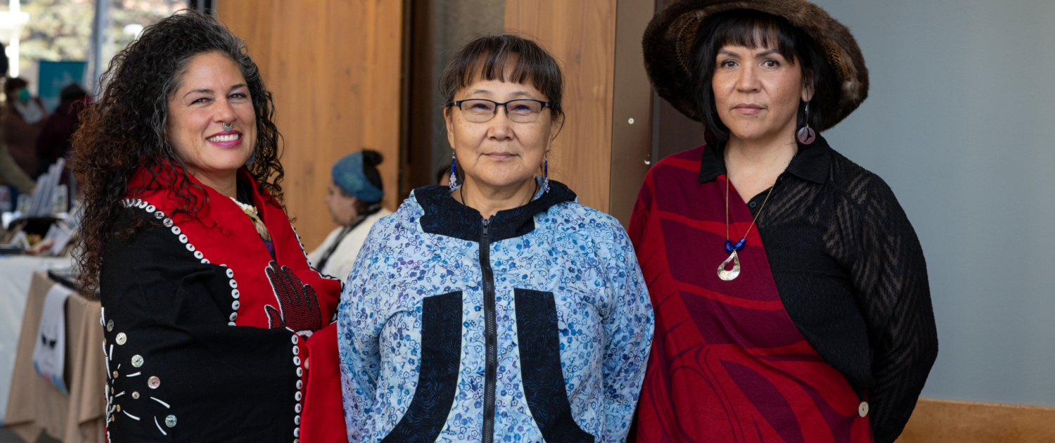2023-11-01 Luq'u ts'il Nlihdanlggash RAWEveryone coming togetherFirst Friday Three women in traditional Alaska Native clothing